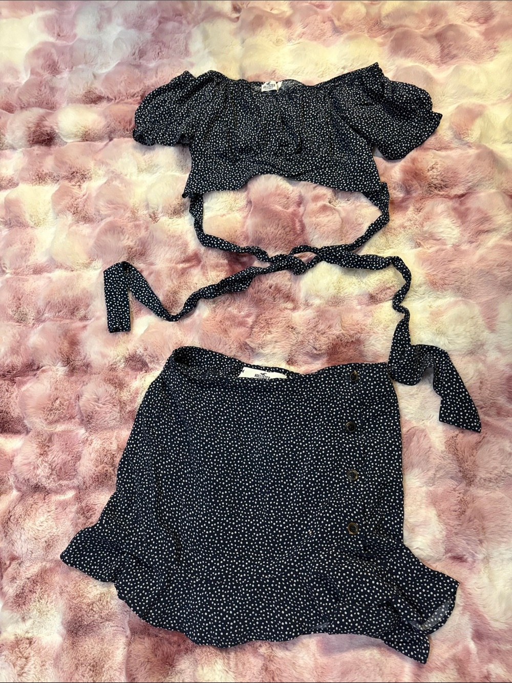 Hollister Navy and White Polka Dot Two-Piece Crop Top & Skirt